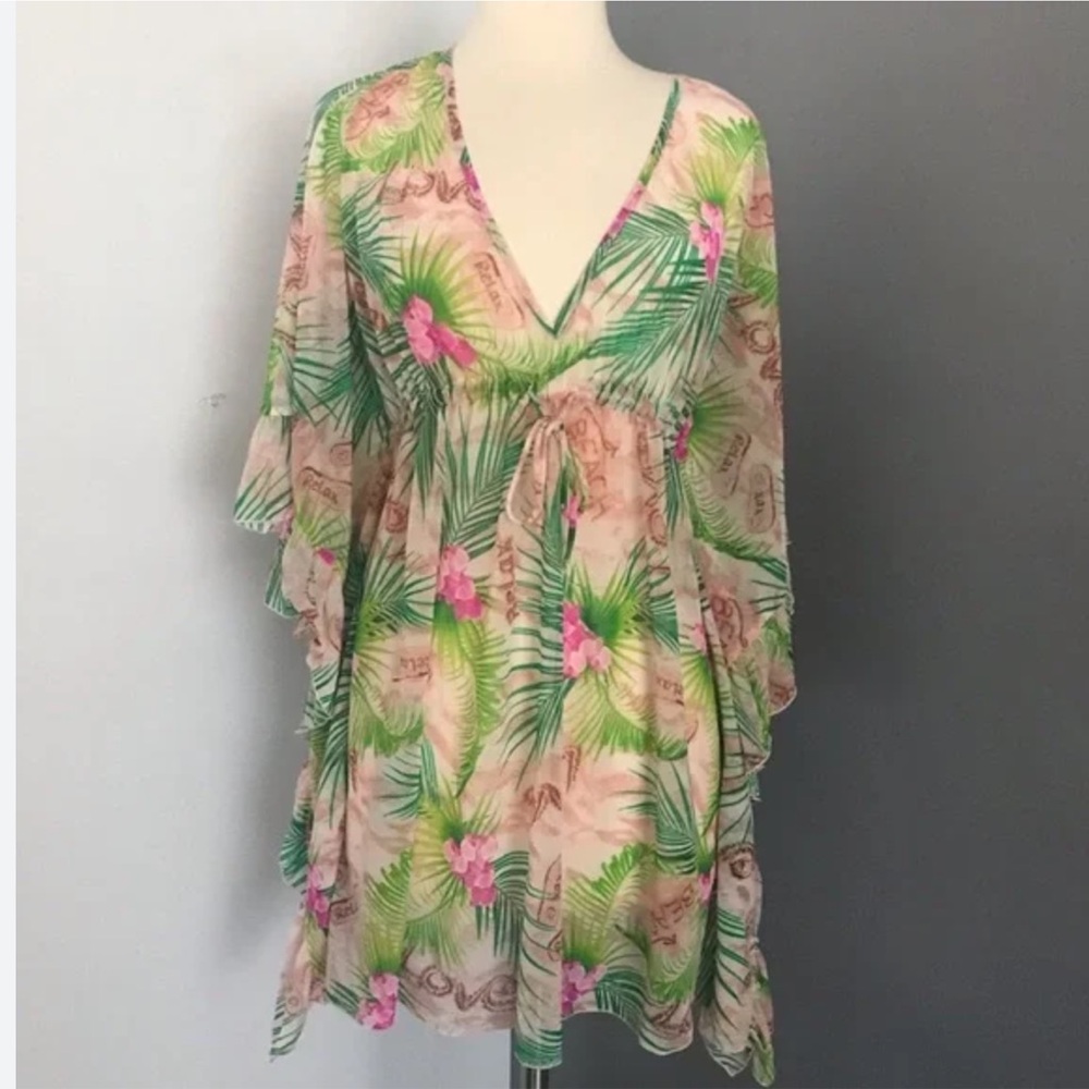 Betsey Johnson Tropical Floral V-Neck Beach Cover-Up - Pink & Green